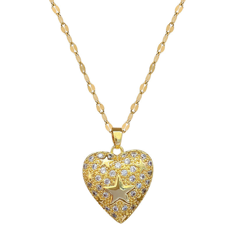 Collar con colgante geométrico de corazón y estrella minimalista de acero de titanio con detalles de diamantes de imitación para mujer y hombre