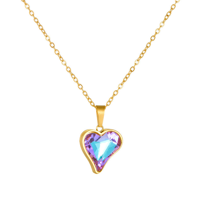 Fashion Office Chic Plated Stainless Steel Heart Pendant Necklace and Earrings Set with Rhinestone Accents