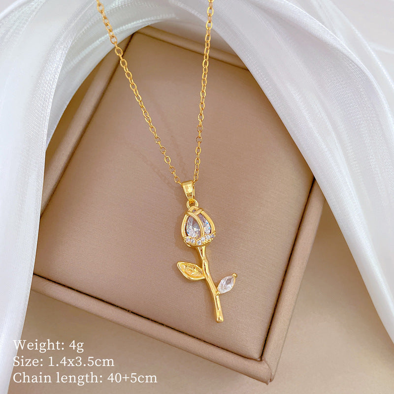 Luxury Titanium Steel Geometric Tulip Rhinestone Pendant Necklace for Women with Adjustable Chain