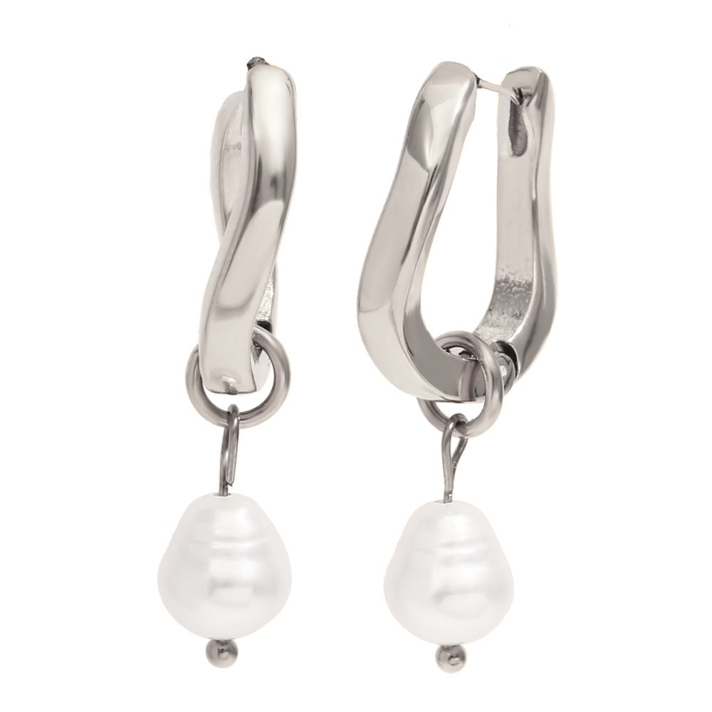 Minimalist Geometric Stainless Steel Ear Hooks with 18K Gold Plating and Irregular U-Shaped Pearl Accents for Women