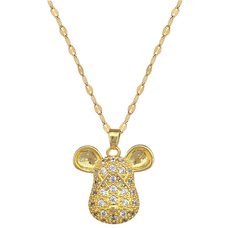 Collar con Colgante Minimalista Geométrico de Cabeza de Ratón de Acero Titanio con Incrustaciones Completas de Diamantes de Imitación para Mujeres y Hombres