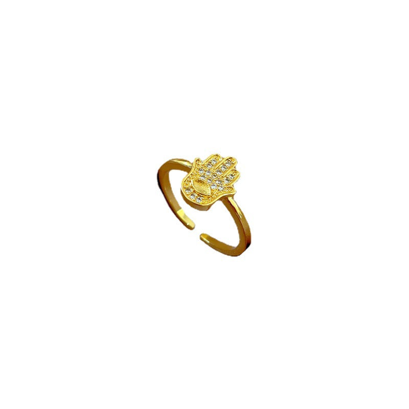 Anello minimalista a forma di mano con intarsi in zirconi, fascia aperta regolabile per donna