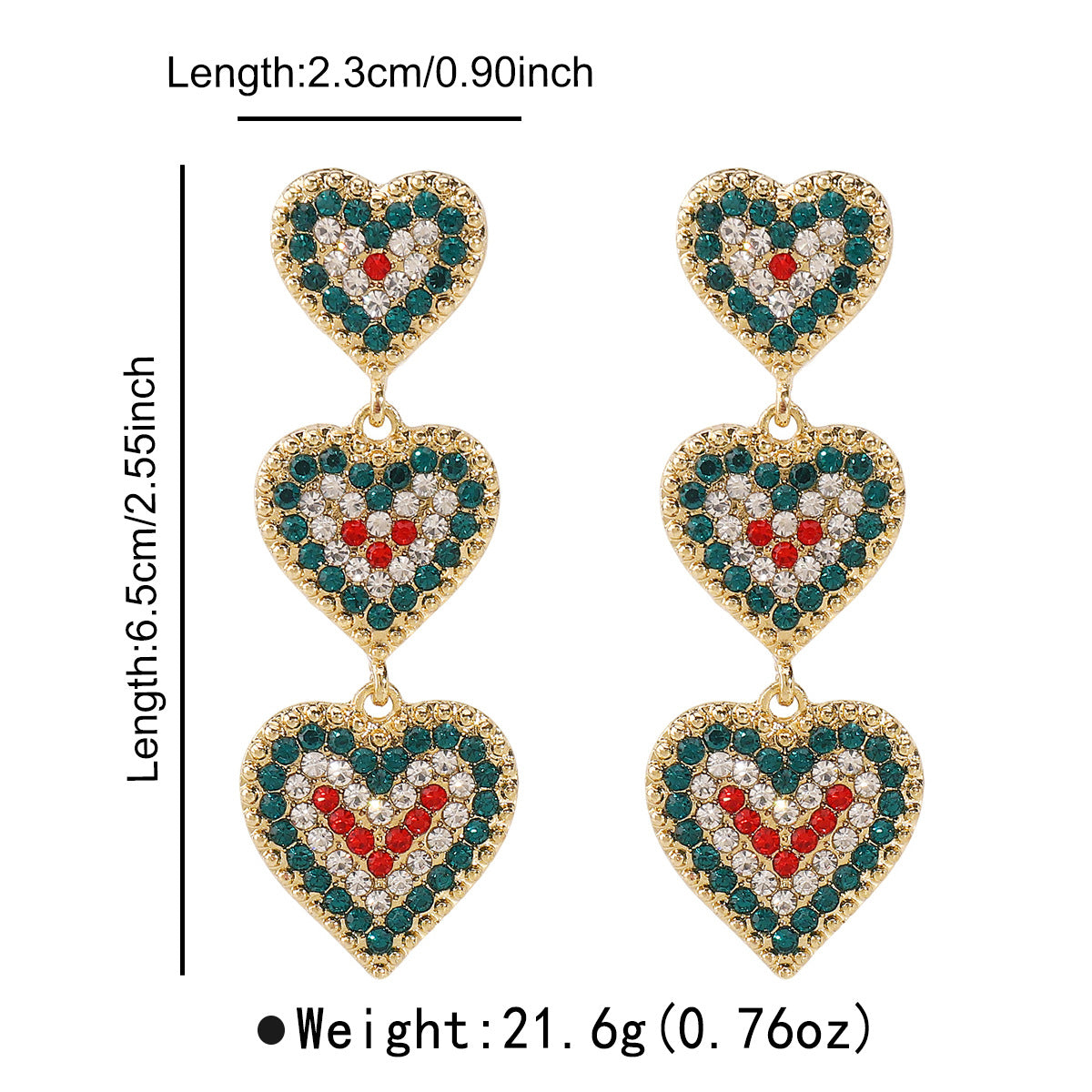 Pendientes de aleación con forma de corazón, temática navideña, incrustaciones de diamantes de imitación y lazo decorativo para mujer