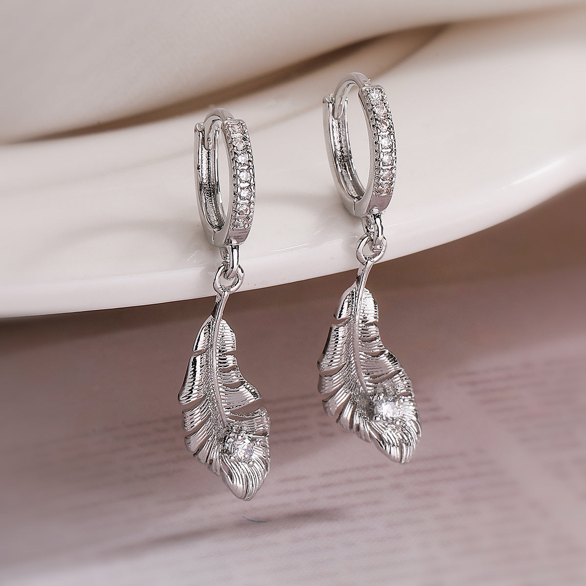 Minimalist Feather-Shaped Copper Pendant Earrings with Real Gold Plating and Zircon Inlay for Women