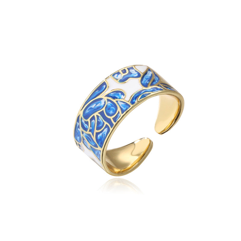 Minimalist Geometric Enamel Ring for Women Adjustable Copper Band with Blue-and-White Porcelain-Inspired Design