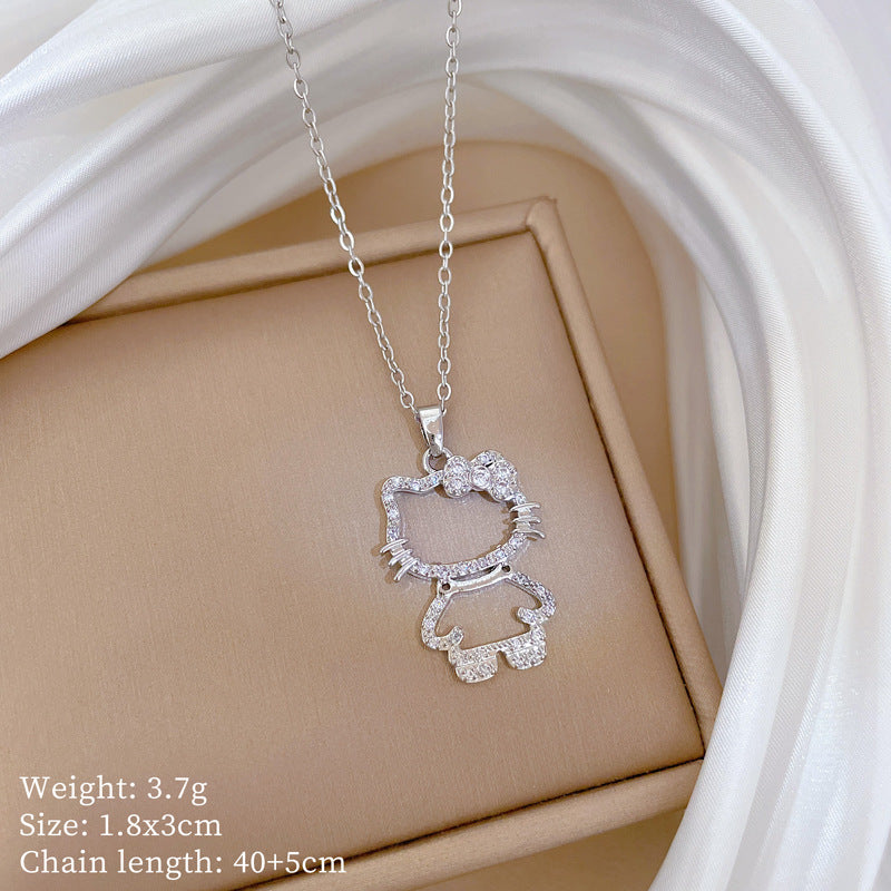 Sweet Minimalist Geometric Cat Rhinestone Pendant Titanium Steel Necklace for Unisex