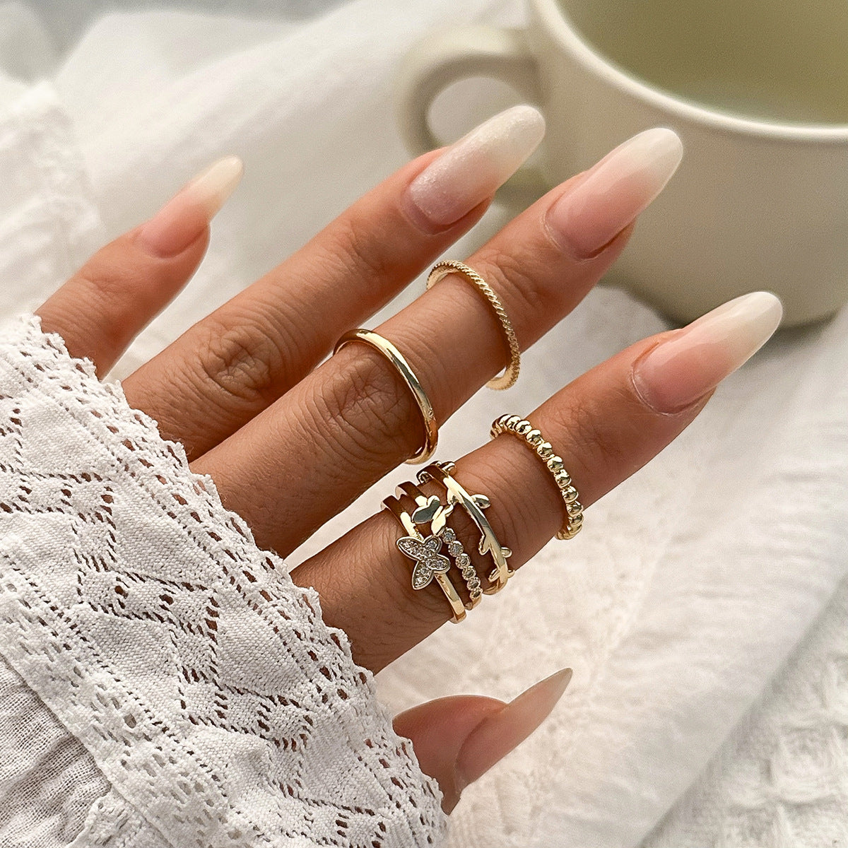 Sweet-Edgy Geometric Star Moon Cross Asymmetrical Ring Set with Paved Rhinestones in Alloy for Women