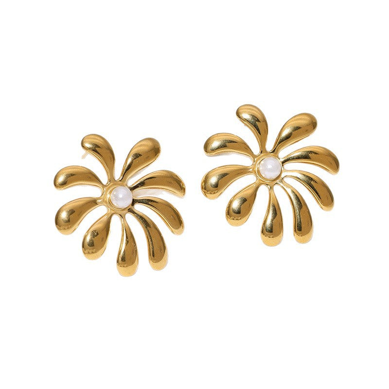 Minimalist Luxury 18K Gold Plated Round Stainless Steel Pearl Earrings for Women