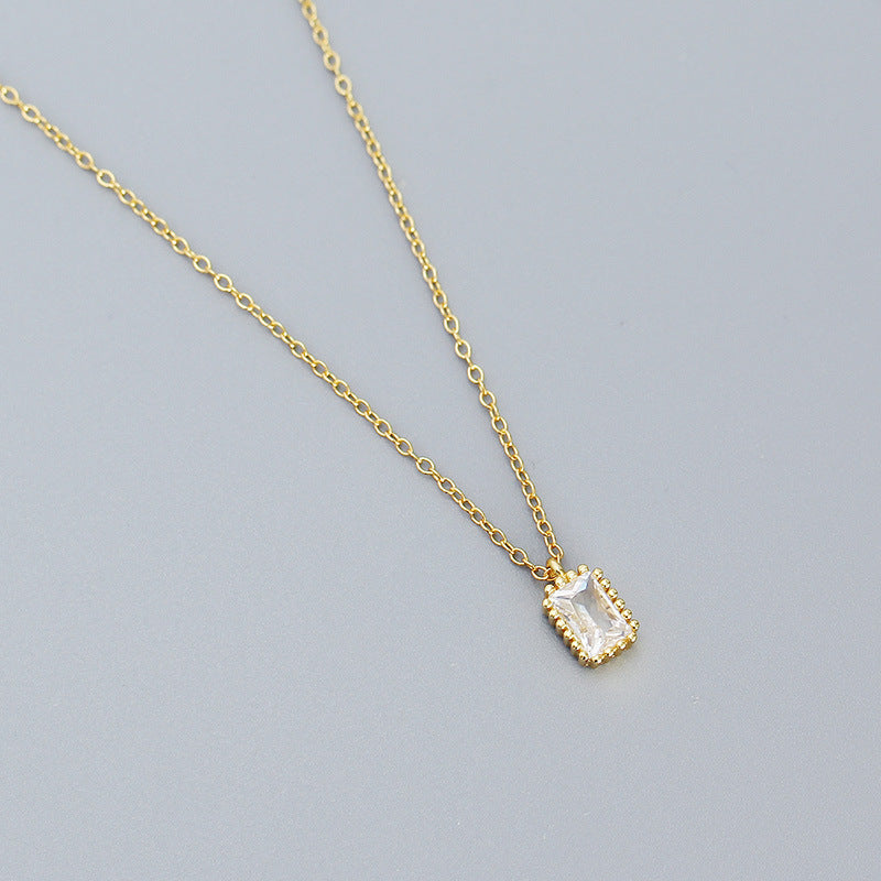 Minimalist Vintage 925 Sterling Silver Rectangle Geometric Cubic Zirconia Necklace