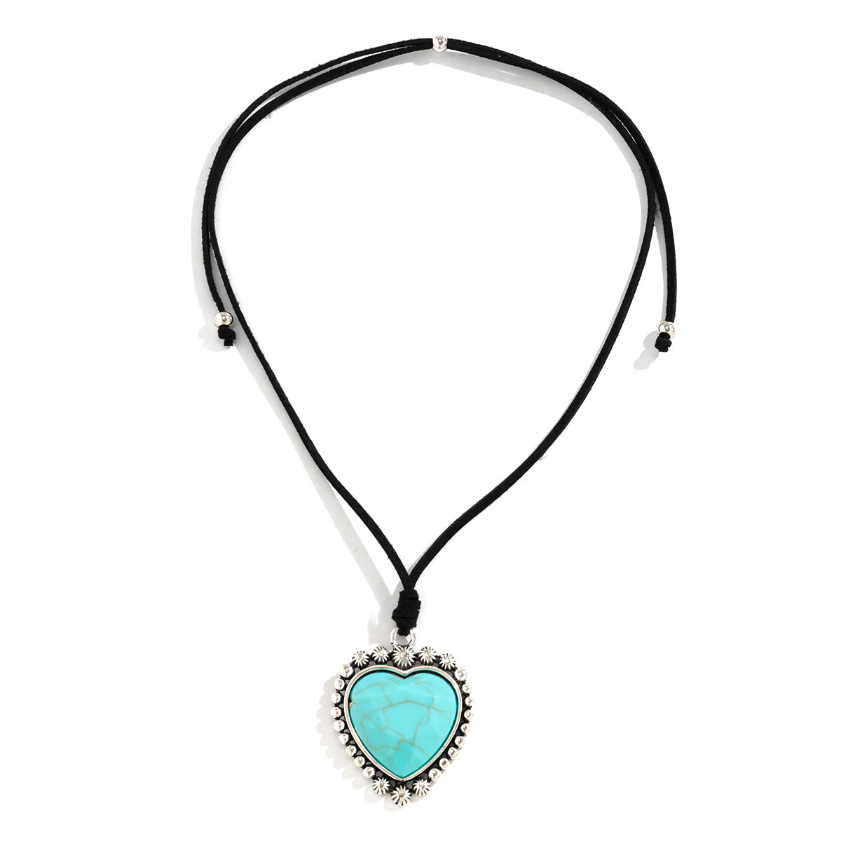 Bohemian Turquoise Heart Pendant Necklace with Adjustable Drawstring Cord for Women