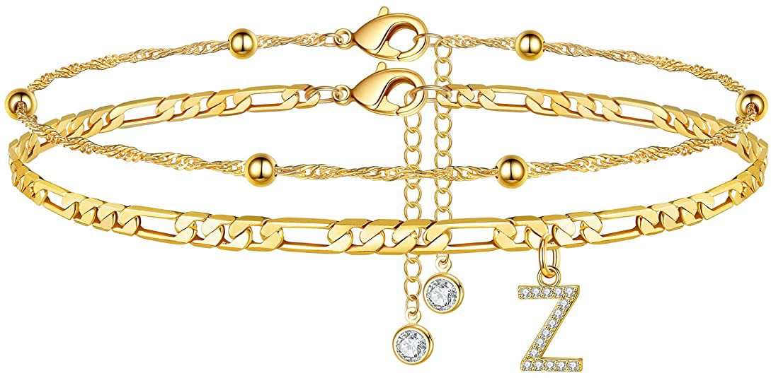 Minimalist Alphabet Anklet with Gold-Plated Cubic Zirconia Letters and Miyu Beads Double-Layer Design