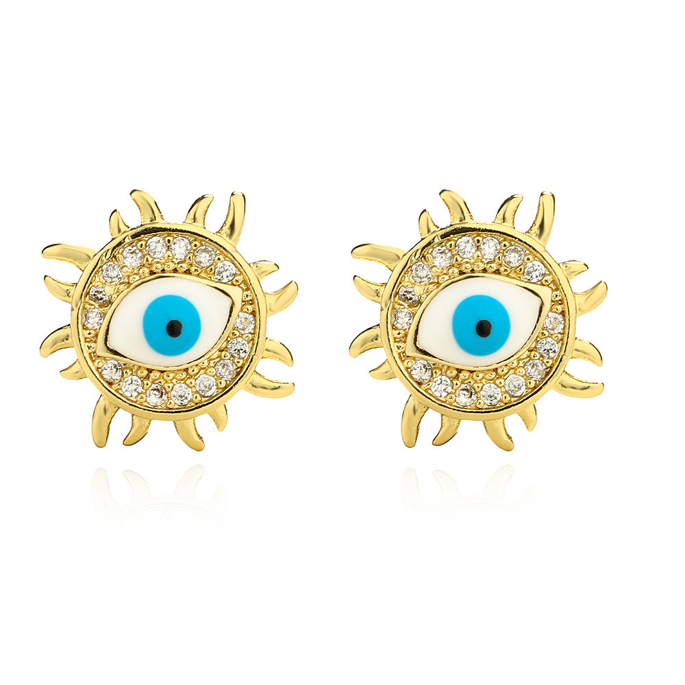 Geometric Demon Eye Earrings for Women with Copper Base Plated in 18K Gold and Enamel Finish, Micro-Paved Zirconia