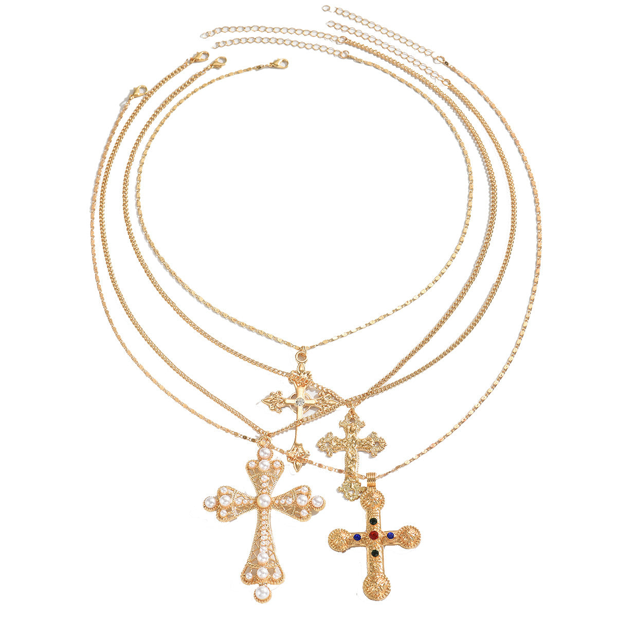 Geometric Cross Pendant Necklace Set in Zinc Alloy with Rhinestone Inlay for Women, Fashionable and Versatile Long Necklace