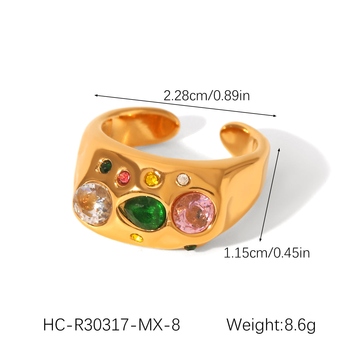 Ins Style Irregular Hammered Textured Stainless Steel Ring with Zircon Inlay for Women