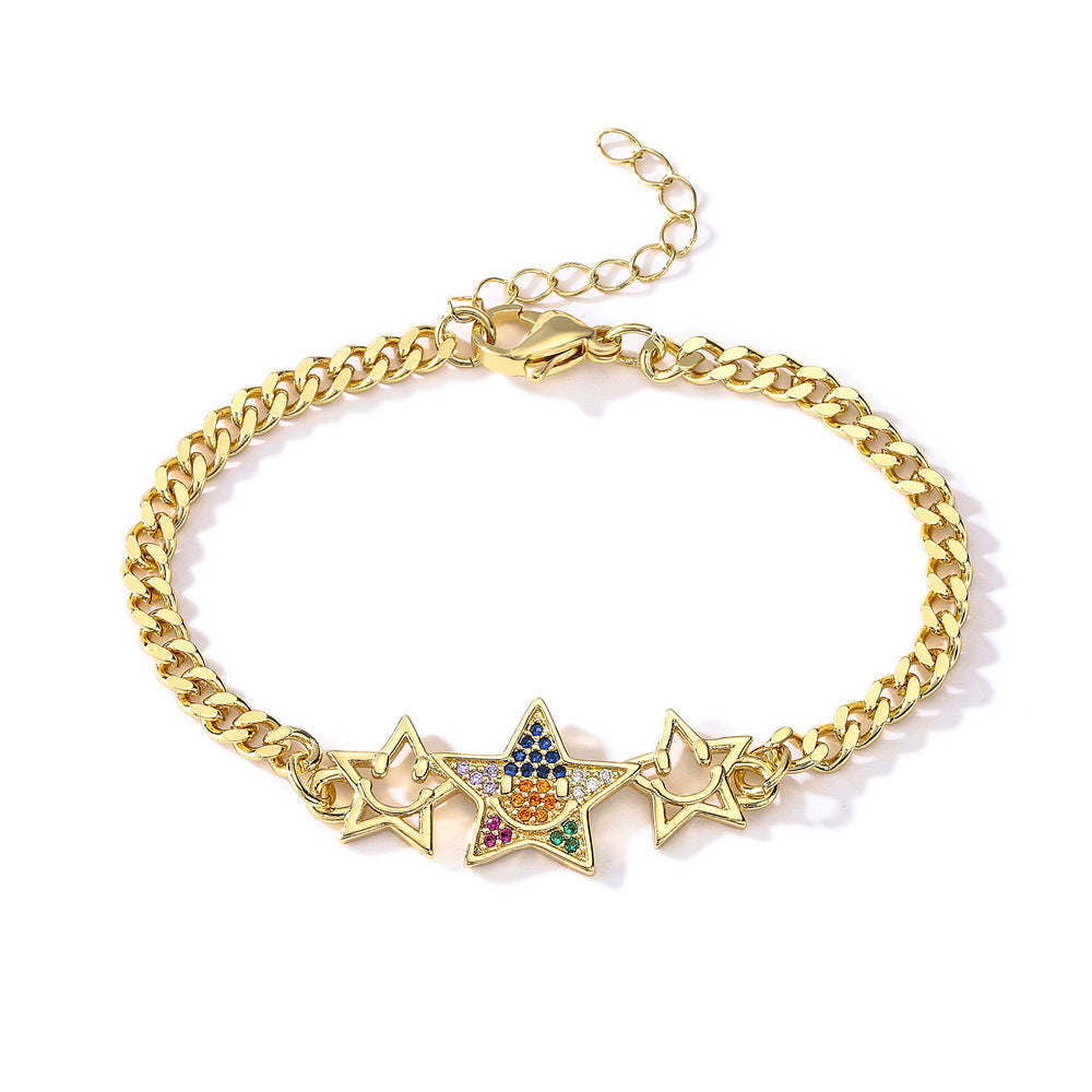 Gold Plated Brass Micro-Inlaid Cubic Zirconia Star Bracelet for Women