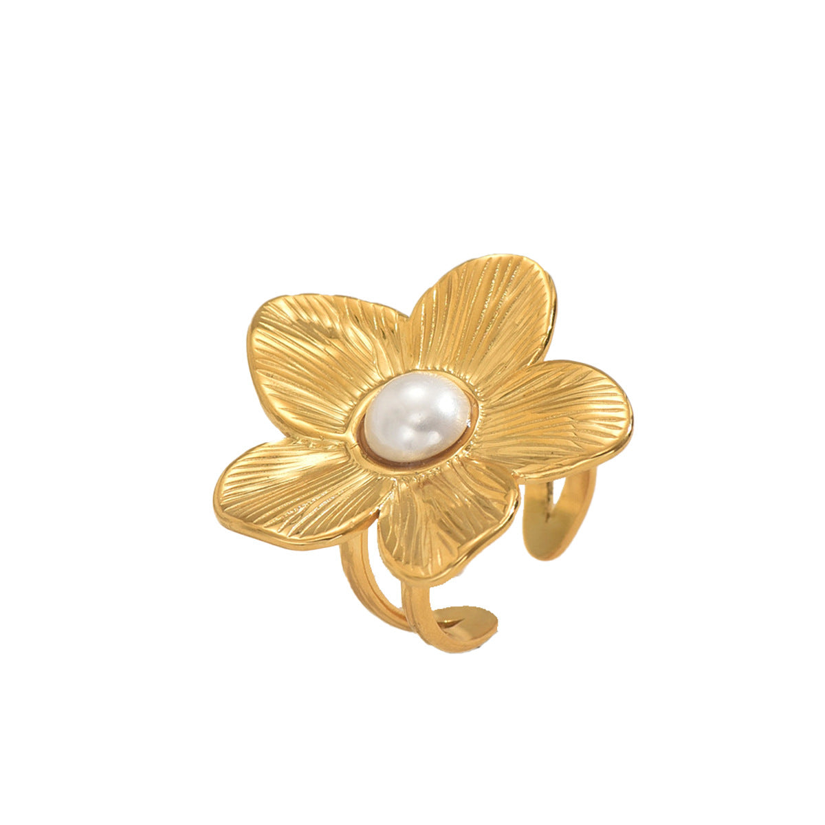 Anello aperto da donna a design floreale con intarsio in perla, in rame, anello a fascia minimalista alla moda a forma di cuore e fiore
