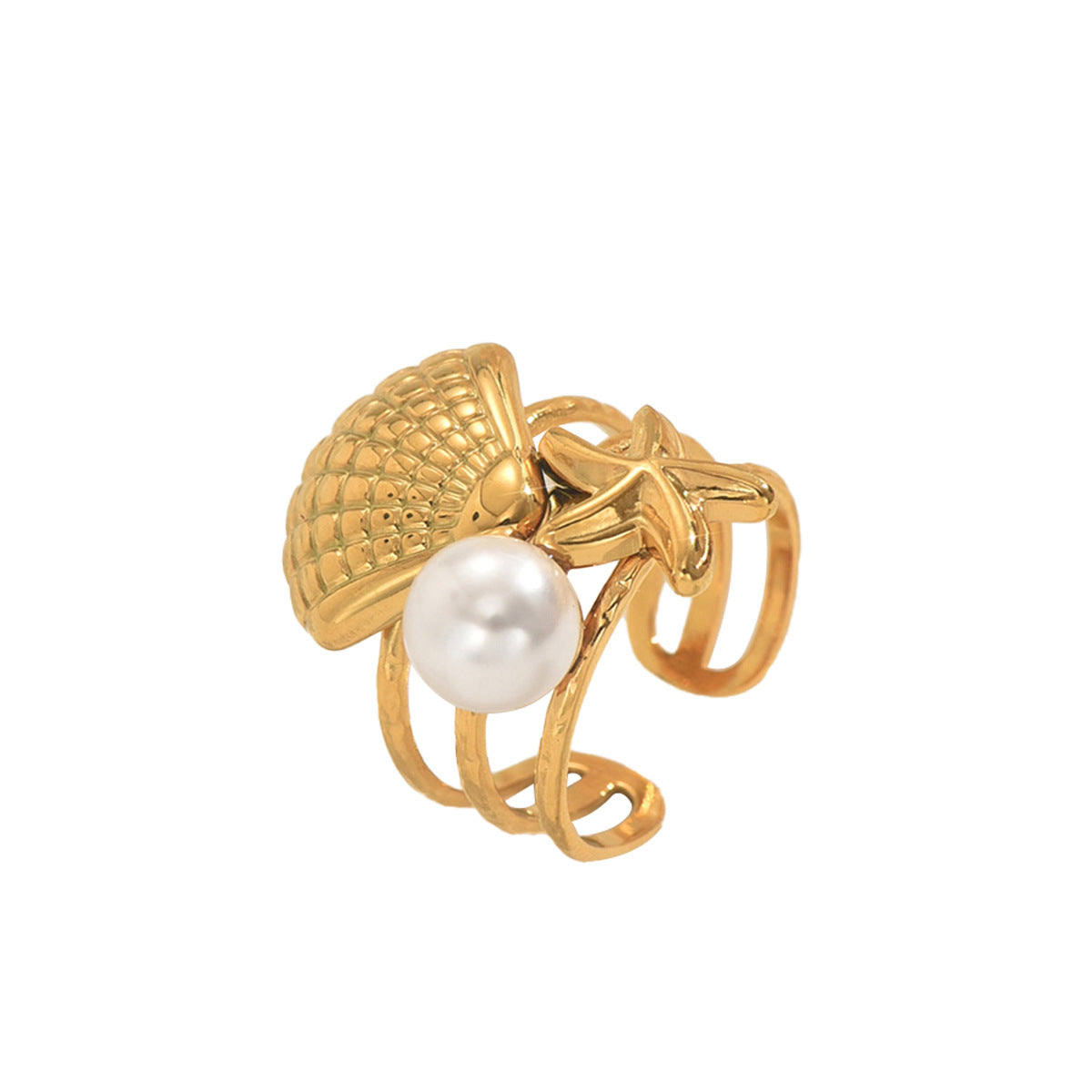 Anillo ajustable para mujer inspirado en el océano con perla e incrustaciones de concha en diseño geométrico de cobre Joyería de moda para uso diario