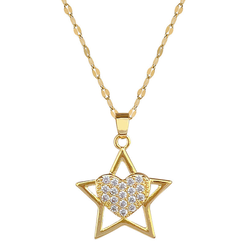Collana con Pendente Lusso in Acciaio al Titanio a Stella e Cuore per Donna con Intarsi di Strass, Design Geometrico, Delicata Catena alla Clavicola