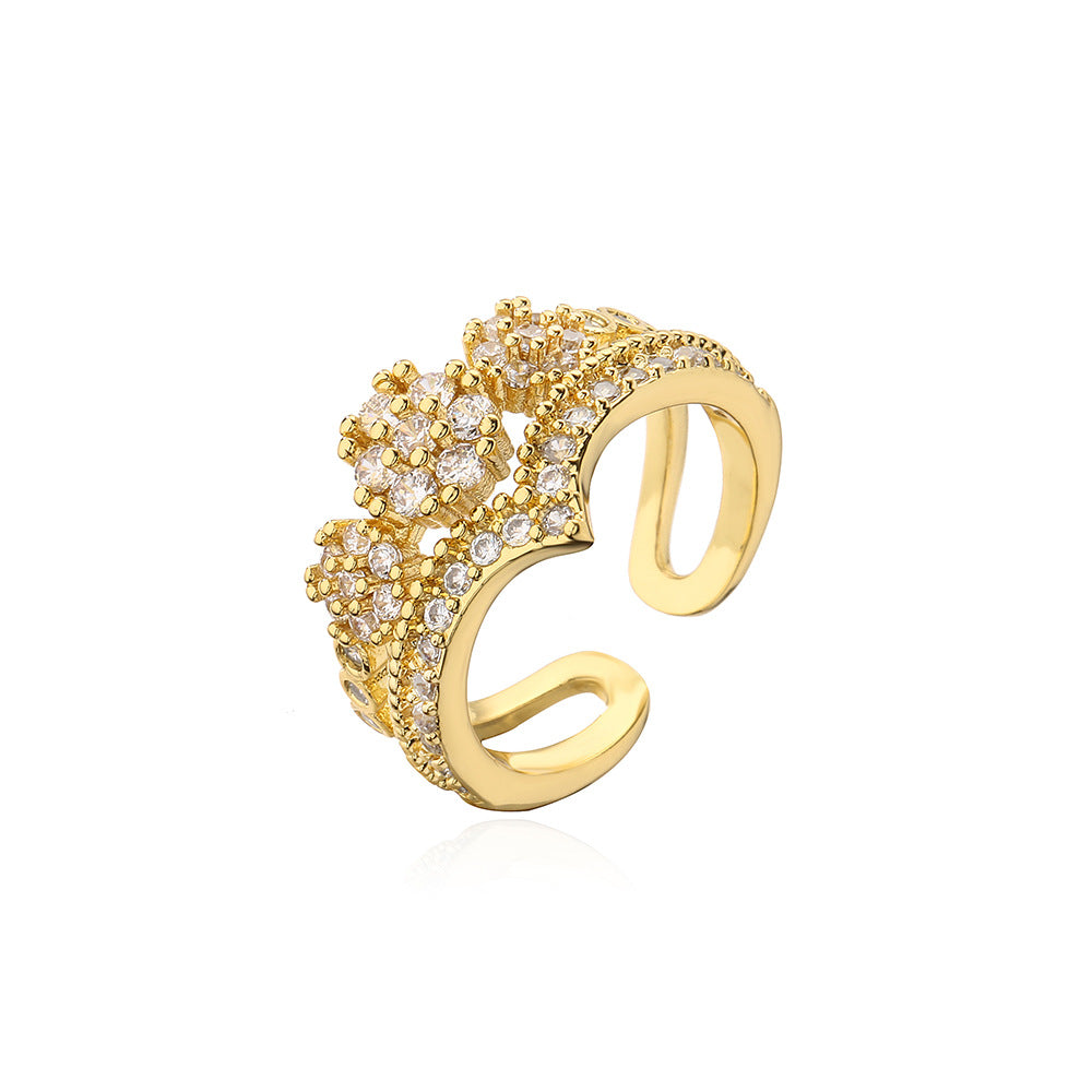 Anello Aperto Geometrico Minimalista da Donna Realizzato in Rame con Placcatura in Oro 18K e Intarsio di Zirconi