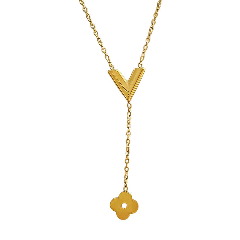 Minimalist Titanium Steel V Letter Flower Tassel Necklace