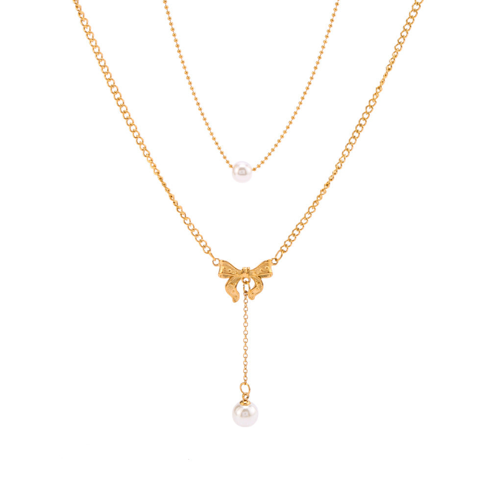 Vintage French Bow Double Layer Necklace with Pearl Pendant in Titanium Steel with 18K Vacuum Plating on O-Chain for Women