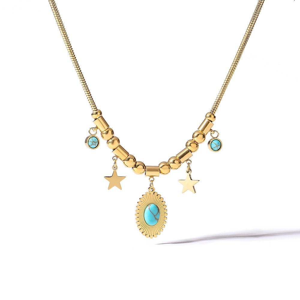 Minimalist Oval Star Turquoise Inlay Titanium Steel Necklace for Women