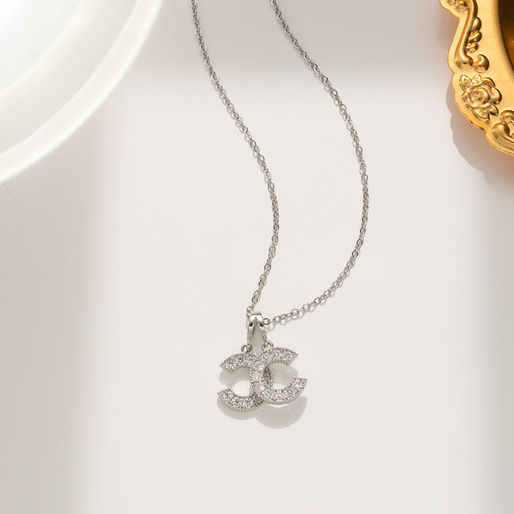Minimalist Geometric Double C Pendant Necklace for Women in Titanium Steel with Gold Plating on O-Chain