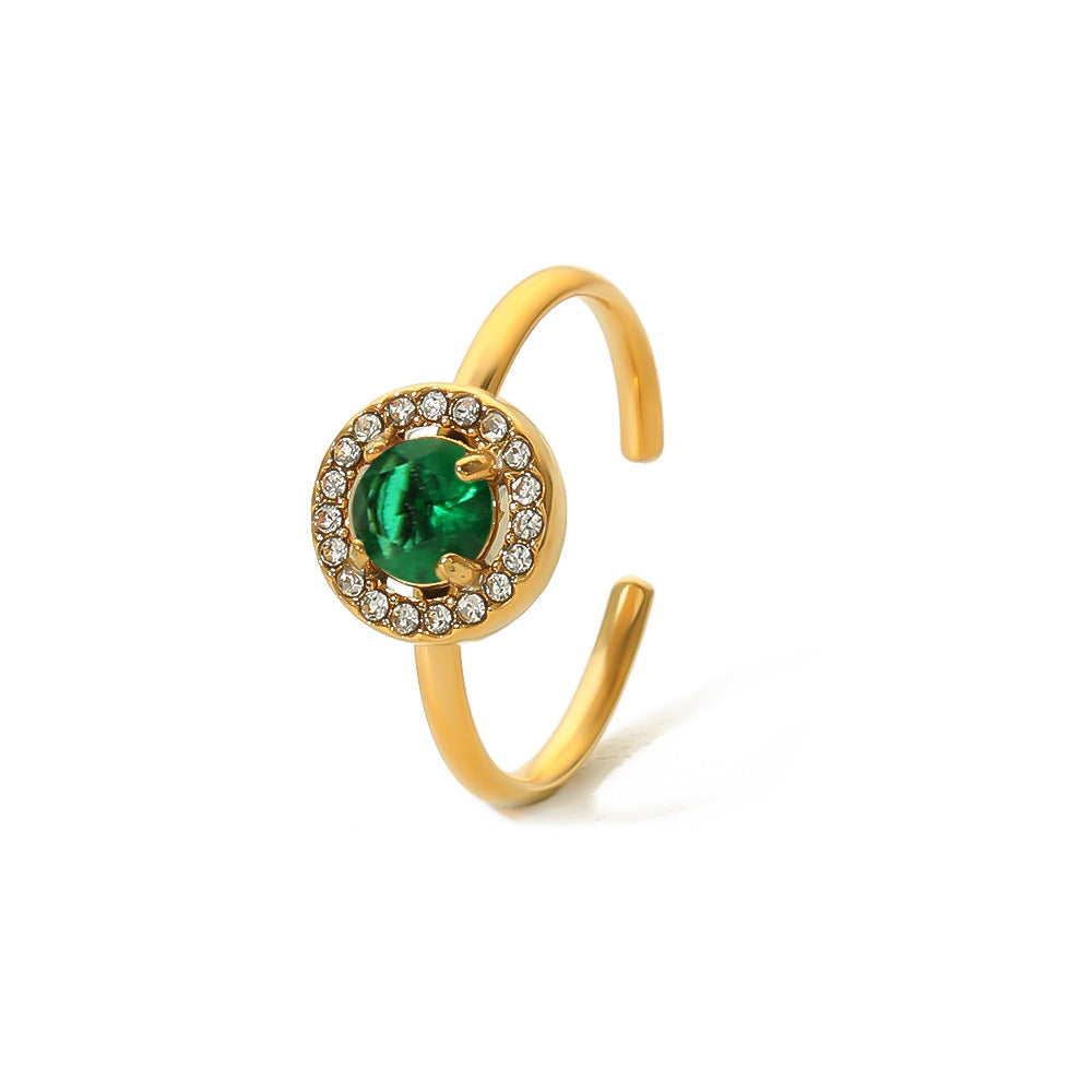 Anello minimalista di lusso regolabile in acciaio al titanio a motivi geometrici con intarsio di zirconi smeraldo e placcatura sottovuoto in oro 18 carati da donna