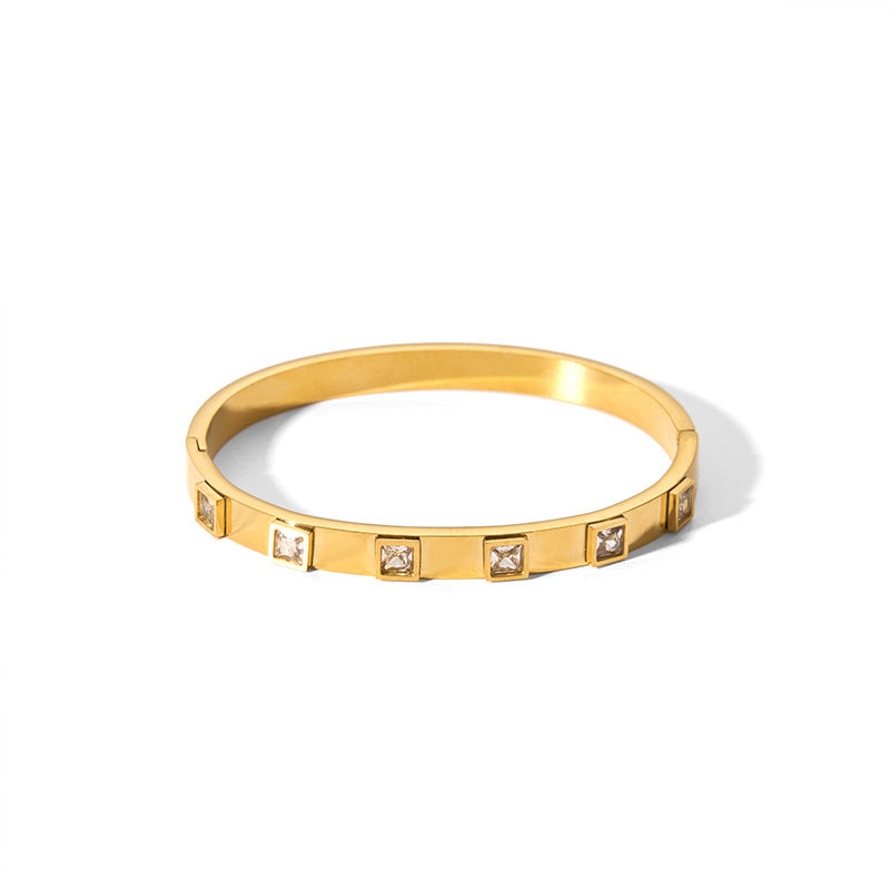 Bracciale Geometrico in Acciaio Inossidabile Stile INS con Placcatura Oro 18K e Intarsio Zirconi, Accessorio di Moda Ipoallergenico