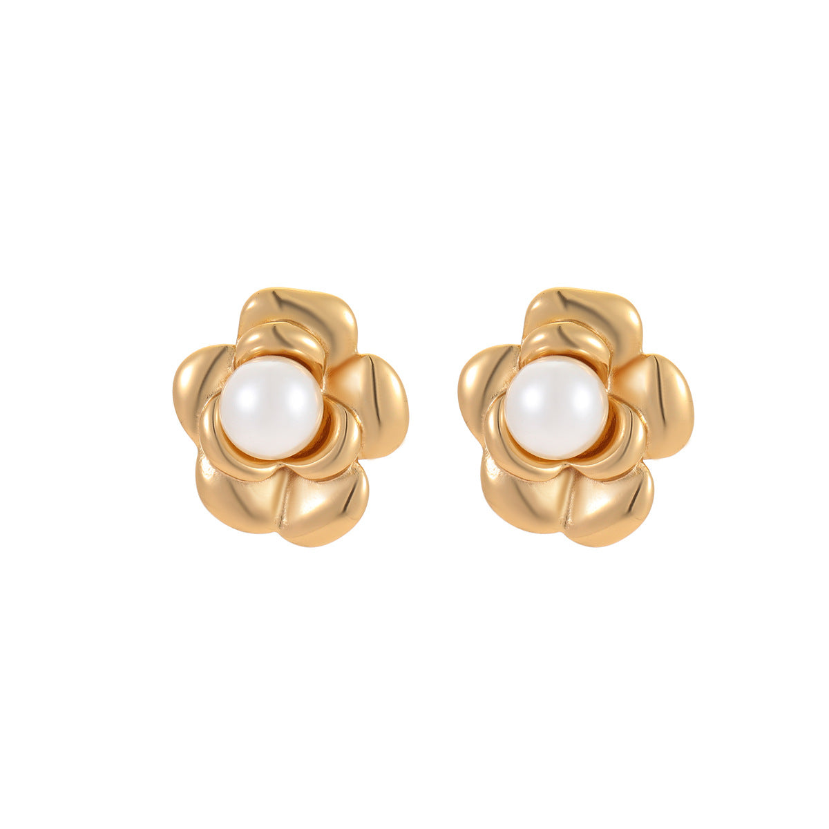 Orecchini a perno alla moda a forma di fiore di camelia con perla, in acciaio inossidabile con finitura placcata per donna