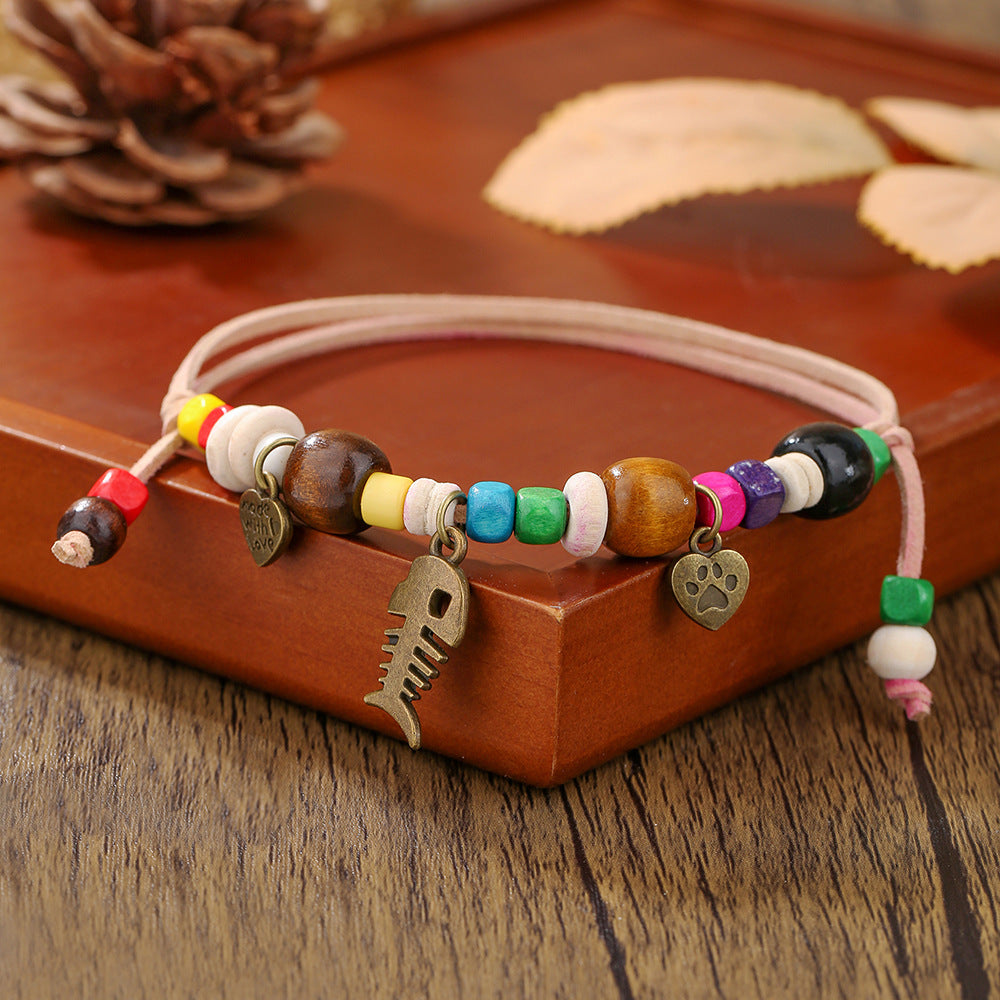 Handmade Natural Wood Bead Pet Necklace with Adjustable Double Layer Rope Chain for Dogs Cats and Animals in Heart Shape