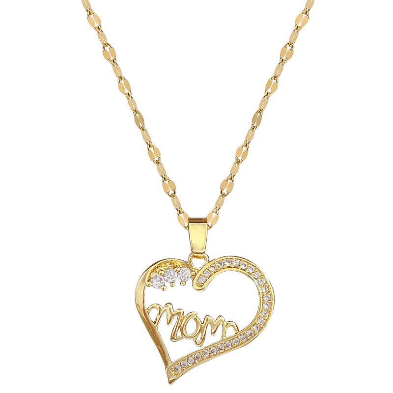 Elegant Hollow Heart Letter Floral Pendant Necklace for Women in Titanium Steel with Rhinestone Inlay and Delicate Clavicle Chain