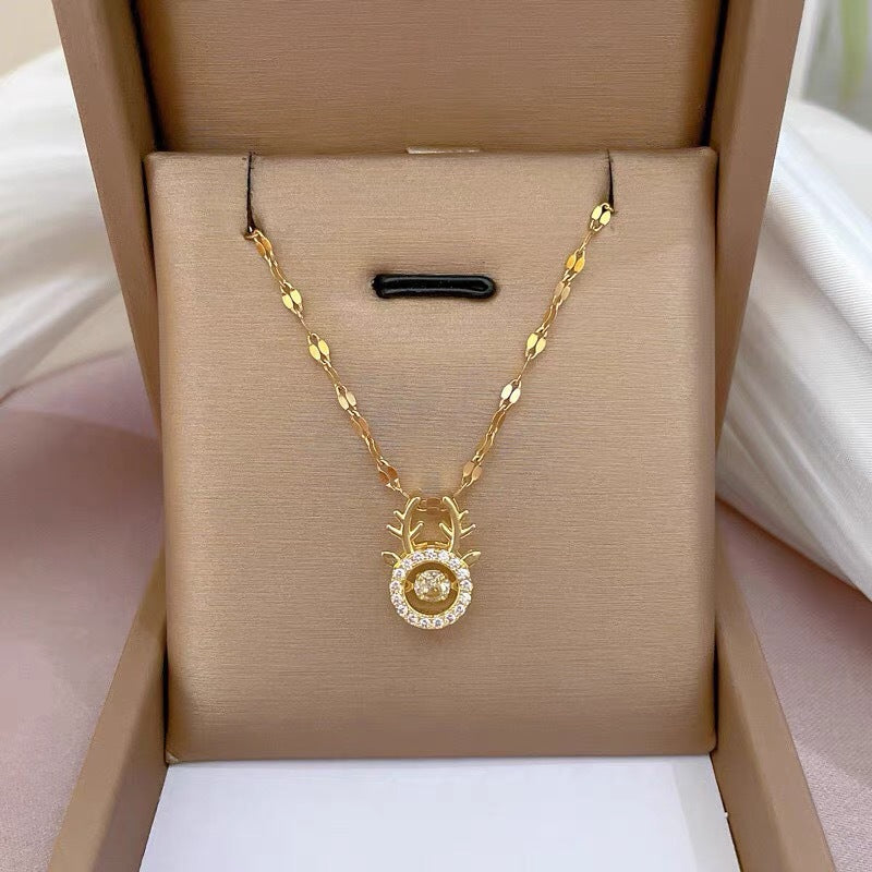 Minimalist Deer-Shaped Pendant Necklace for Women in Titanium Steel with Gold Plating on O-Chain