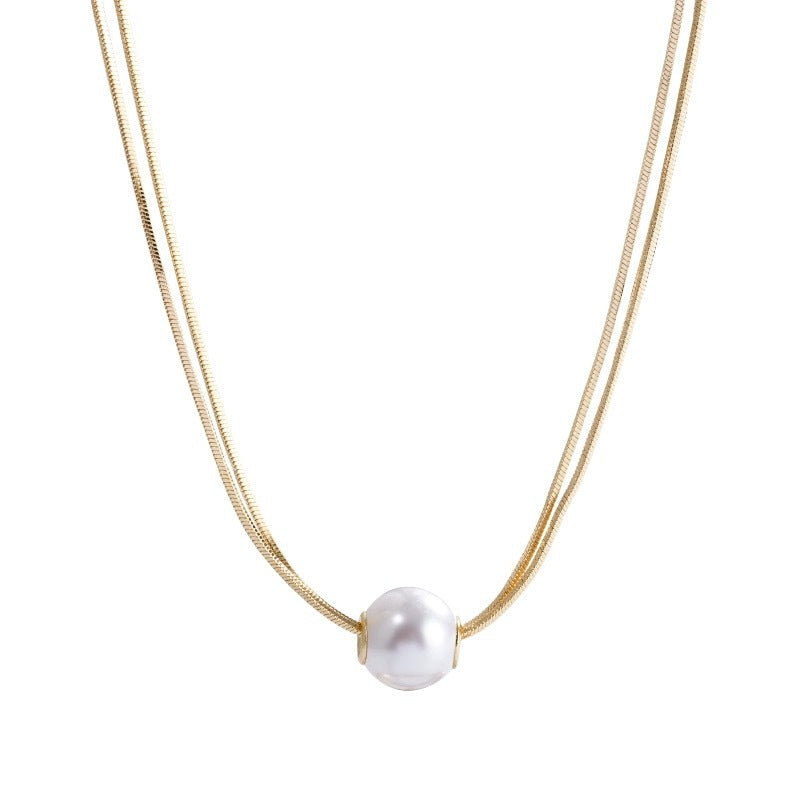 Luxury Geometric Pearl Double Layer Titanium Steel Snake Chain Necklace for Women with Plated Finish