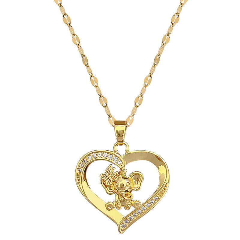 Collar minimalista con colgante de elefante y corazón para mujer y hombre, de acero inoxidable, delicada cadena para clavícula con detalles de diamantes de imitación