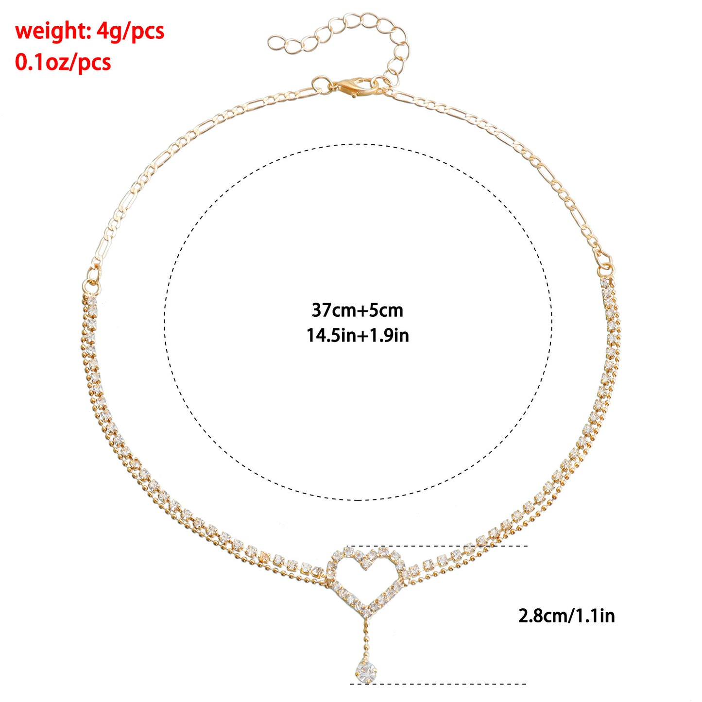 Fashionable Short Layered Heart-Shaped Pendant Necklace for Women with Electroplated Metal Chain and Sparkling Rhinestone Accents