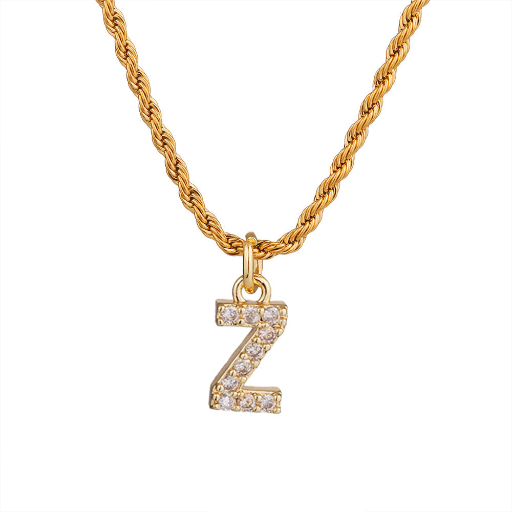 Collar con colgante de letra para mujer, minimalista, de moda, cadena trenzada de acero inoxidable con baño de oro e incrustaciones de circonita