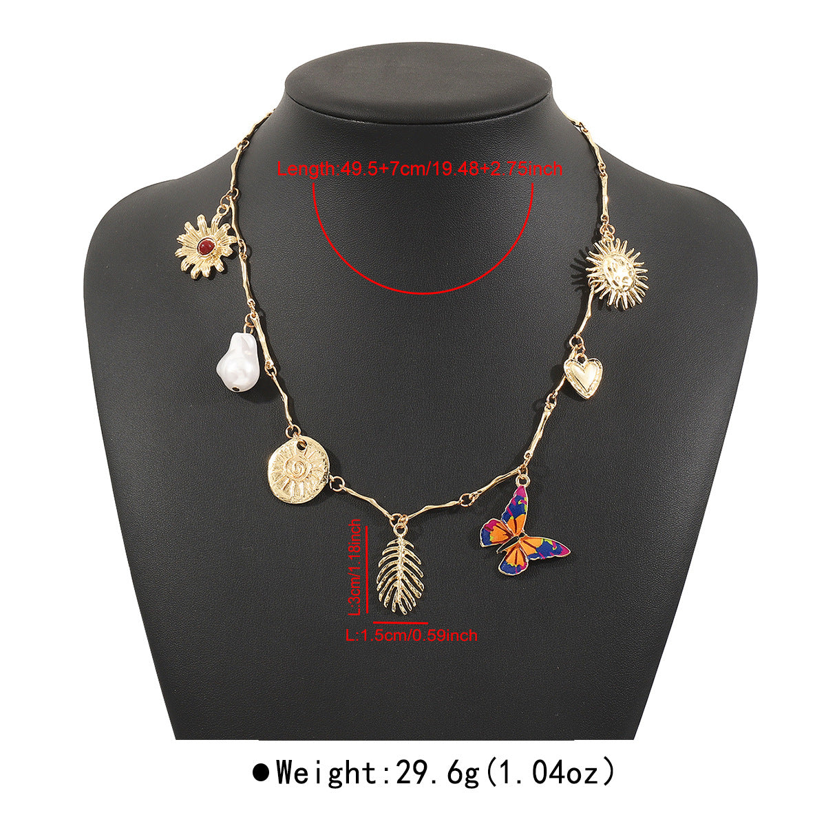 Collana con ciondolo floreale e farfalla vintage da donna con struttura in lega di zinco e finitura galvanizzata
