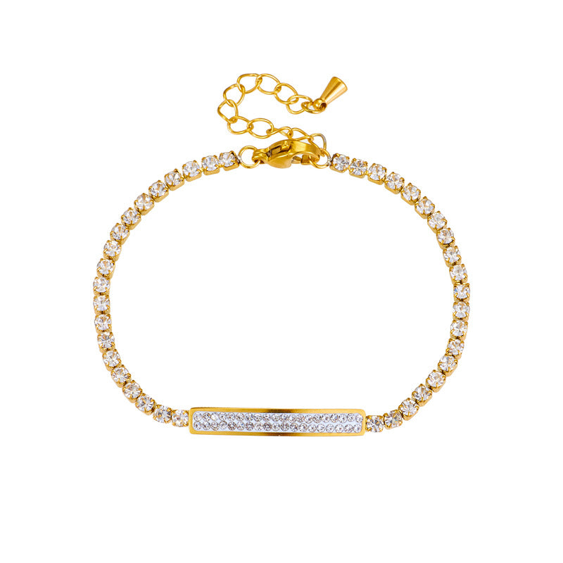 Minimalist Titanium Steel Bracelet with Rhinestone Inlay and Linear Design for Women