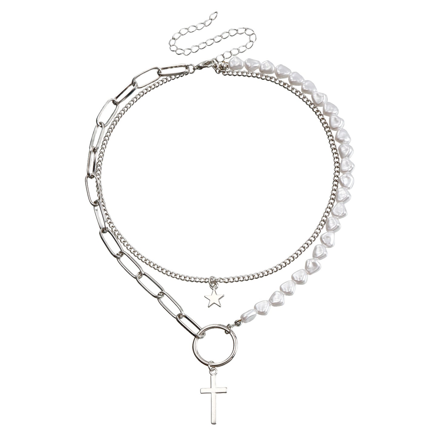 Vintage-Style Star and Cross Pendant Necklace for Women with Alloy Construction and Electroplated Finish