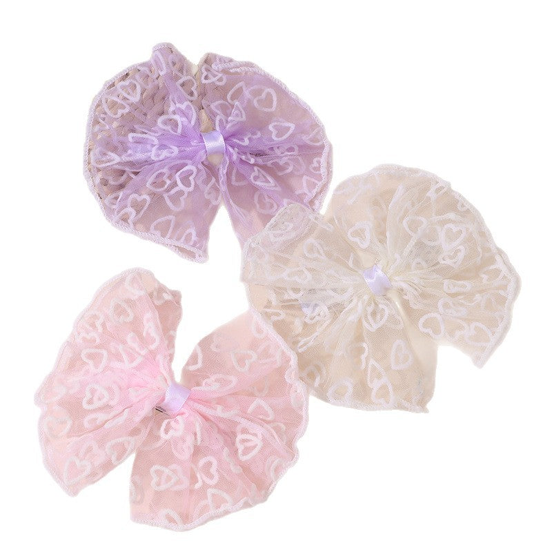 Natural Style Bow-Shaped Hair Clip for Kids Made of Plastic Resin with Ruffled Mesh and Spring-Loaded Duckbill Design