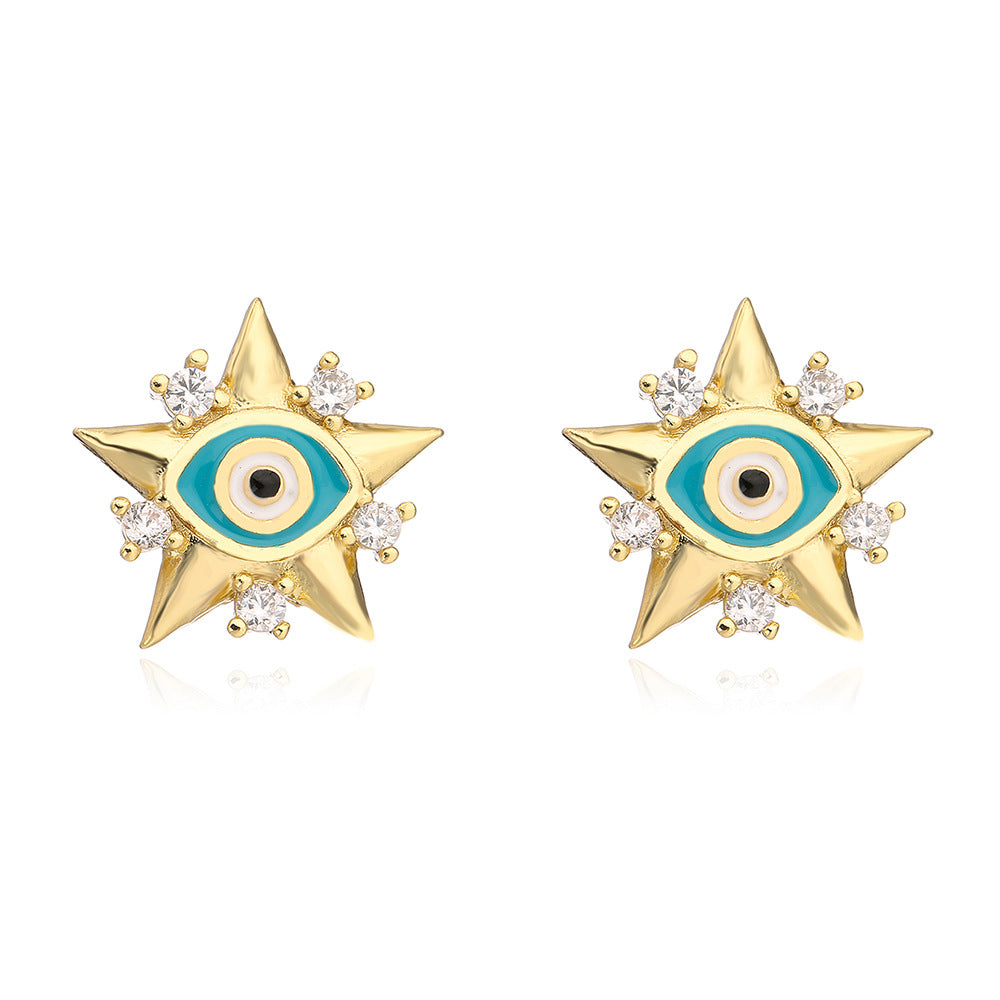 Geometric Earrings for Women with Copper Base Plated in 18K Gold and Enamel-Finished Zirconia Eye Accents