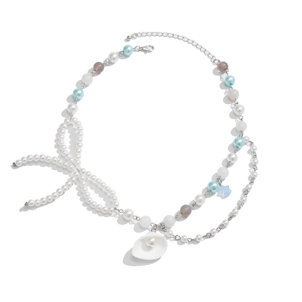 Sweet Imitation Pearl Agate Acrylic Beaded Necklace with Shell Pendant Plated Ball Chain for Women