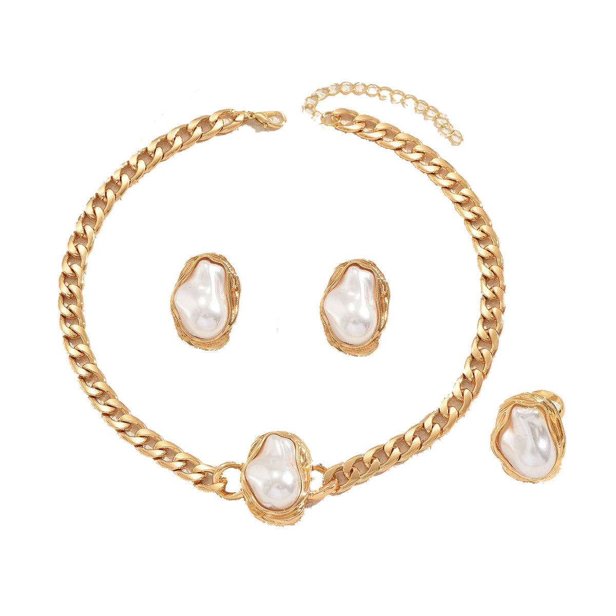 Set de Collar, Pulsera y Pendientes Geométricos de Aleación con Incrustaciones de Perlas para Mujer