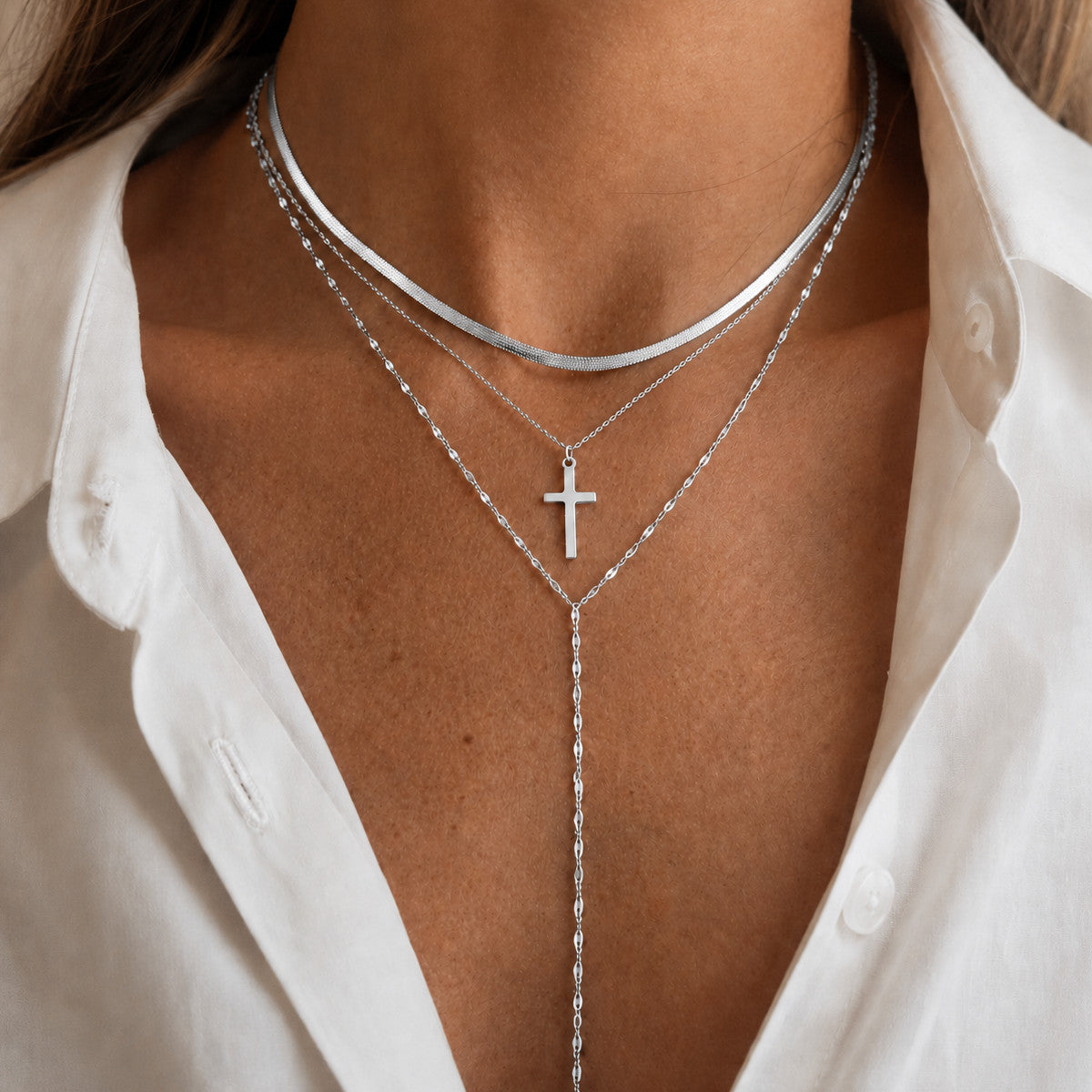 Vintage Stainless Steel Cross Pendant Necklace Flat Snake Chain Layered Choker for Women