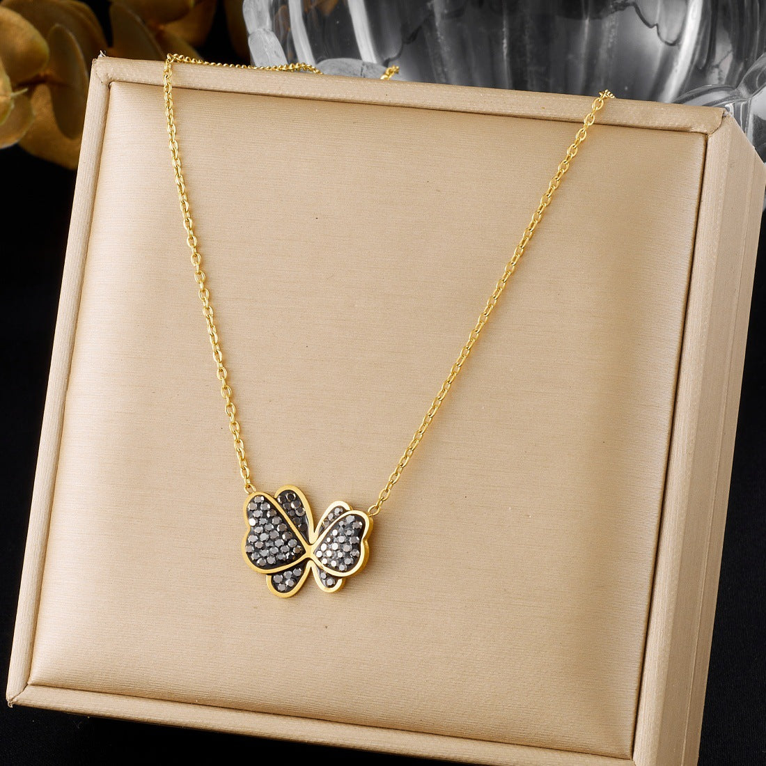 Elegant Gold Plated Stainless Steel Butterfly Necklace with Rhinestone Inlay and Cable Chain for Women