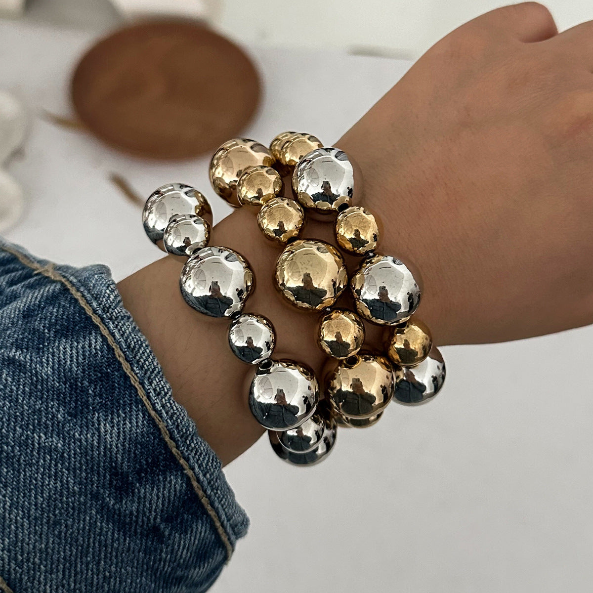 Pulsera geométrica redonda de estilo punk para mujer con cuentas y acabado galvanizado