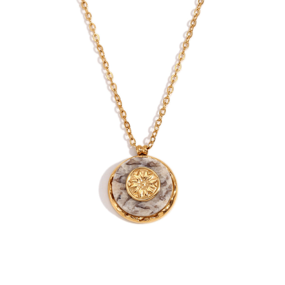 Minimalist Geometric Stainless Steel Plated 18K Gold Round Pendant Necklace with Natural Marble Sun Pattern
