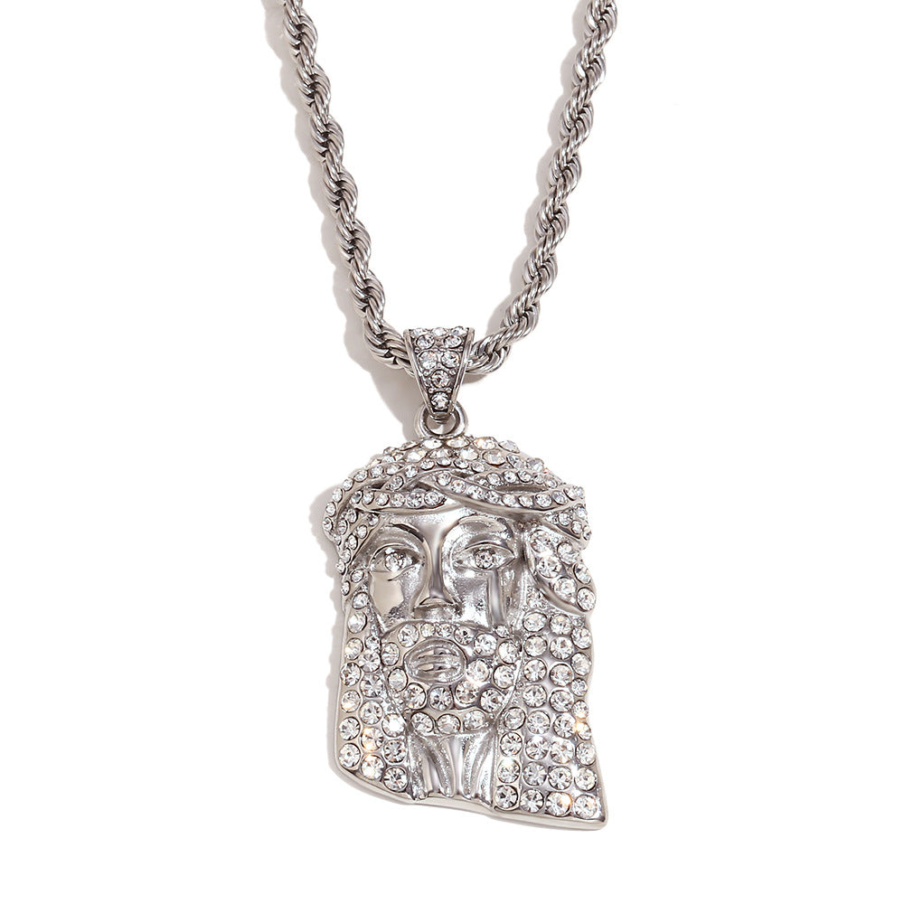 Collana con ciondolo hip-hop streetwear retrò da uomo in acciaio inossidabile placcato oro 18K e strass su tutta la superficie, con catena ritorta