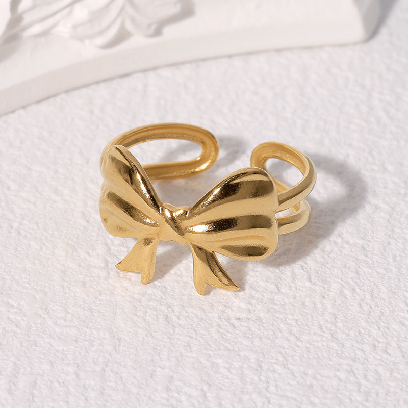 Minimalist Fashion Bow-Shaped Stainless Steel Ring for Women with Gold Plating, Adjustable Open Band Design